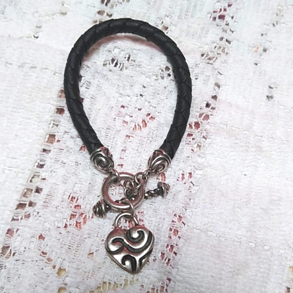 Vintage Modernist ZINA Black Braided Leather 925 Heart Fob Bracelet